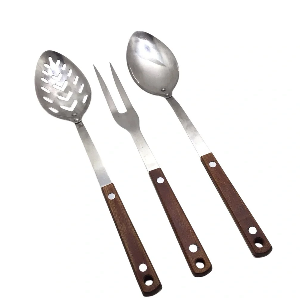 Vintage Japan Stainless Steel 3 Pc Serving Set Wood Handle Spoon Fork Utensils